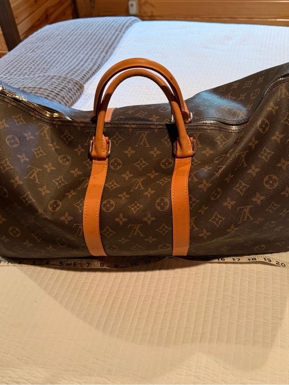 Louis Vuitton Brown Monogram Keepall Duffle Bag with Tan Leather Handles